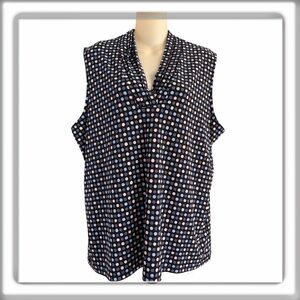 NWT Ann Klein Polka Dot Triple Pleat V-Neck Sleeveless Top Stretch Size XL Black